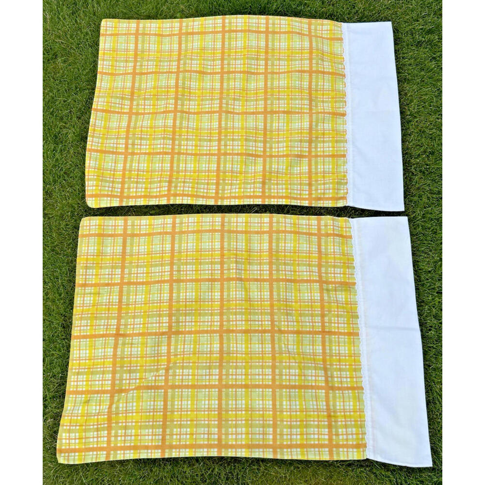 Vintage Springmaid Plaid Orange Yellow Green Pillowcases PAIR Standard 29" x 21"